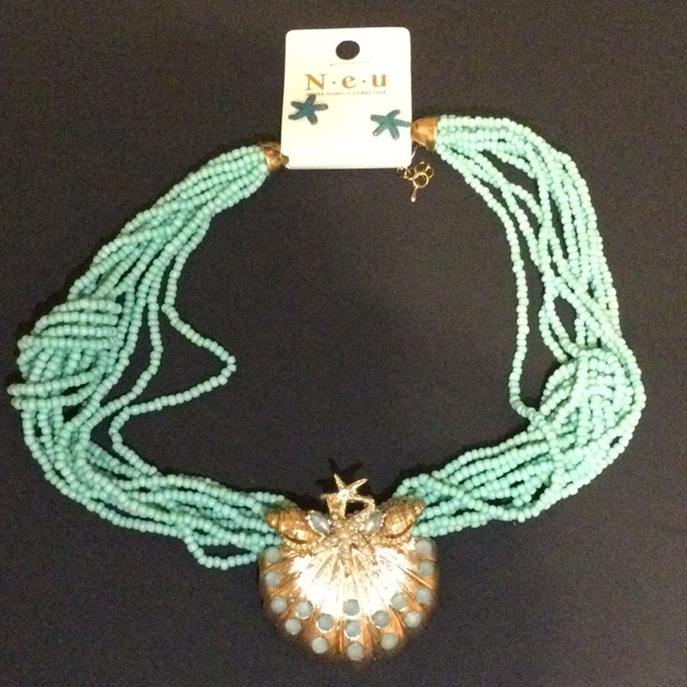 Mint Multi-Strand Beaded Necklace with Shell Pendant